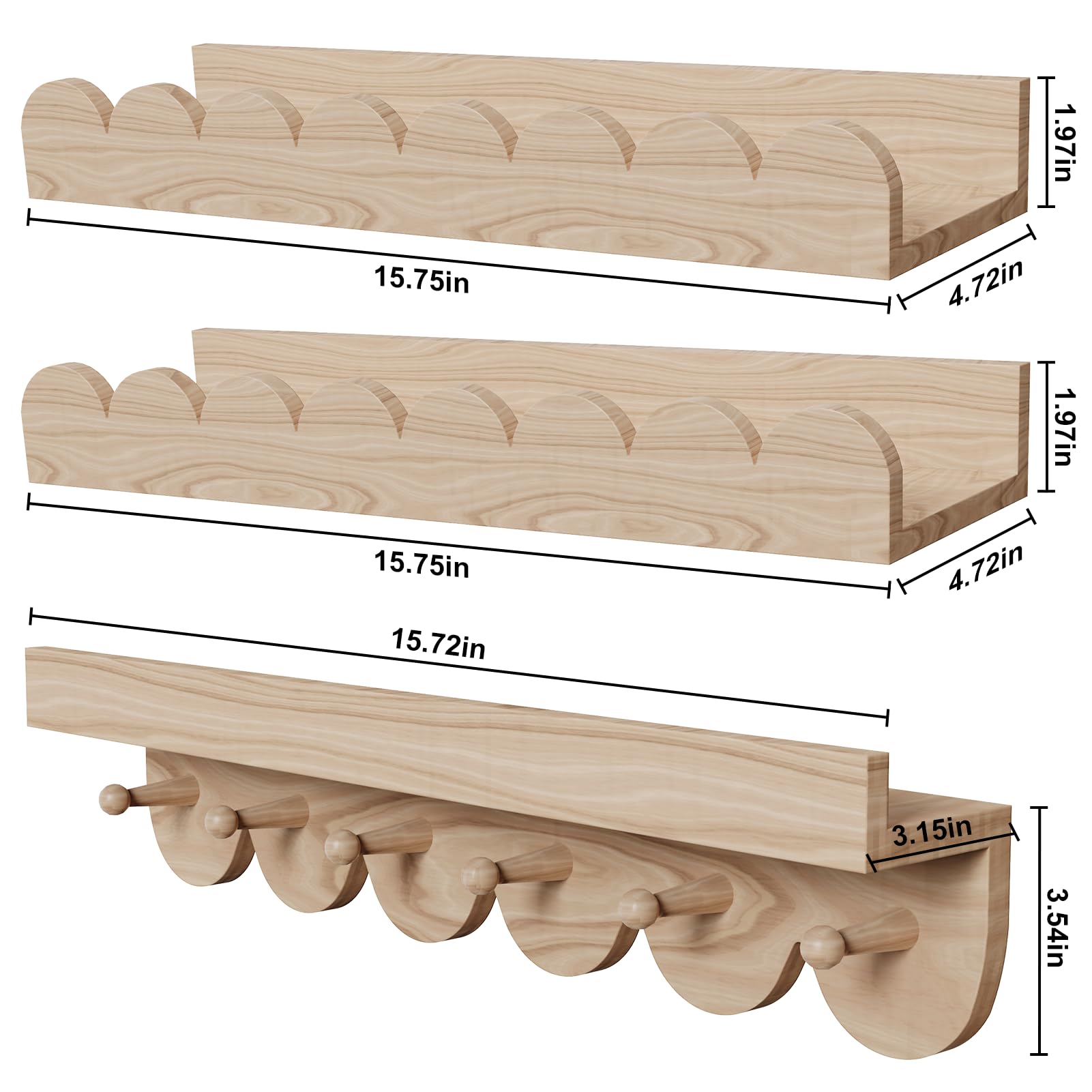 Emooncn Wooden Nursery Book Shelves with Round Hooks,Set of 3 Nursery Shelves Baby Floating Shelves Book Shelf Toys Storage Organizer Wall Bookshelf for Kids Bedroom Living Room,Easy to Hang - Image 3