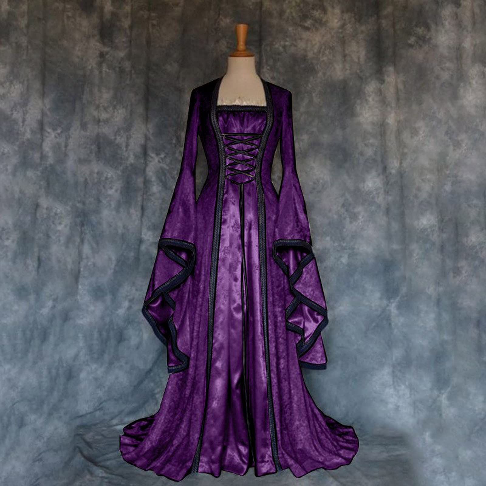 Générique Ladies Abito Stile retrò Tinta unita Maniche a Tromba Lungo Abito da Principessa