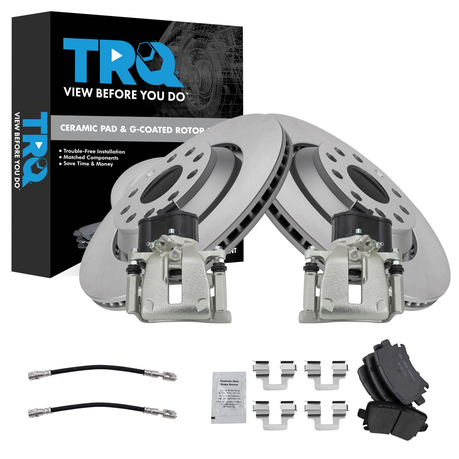 TRQ Rear Brake Pad and Rotor Set Ceramic Coated Rotors Calipers Compatible with 2010-2016 Volkswagen CC