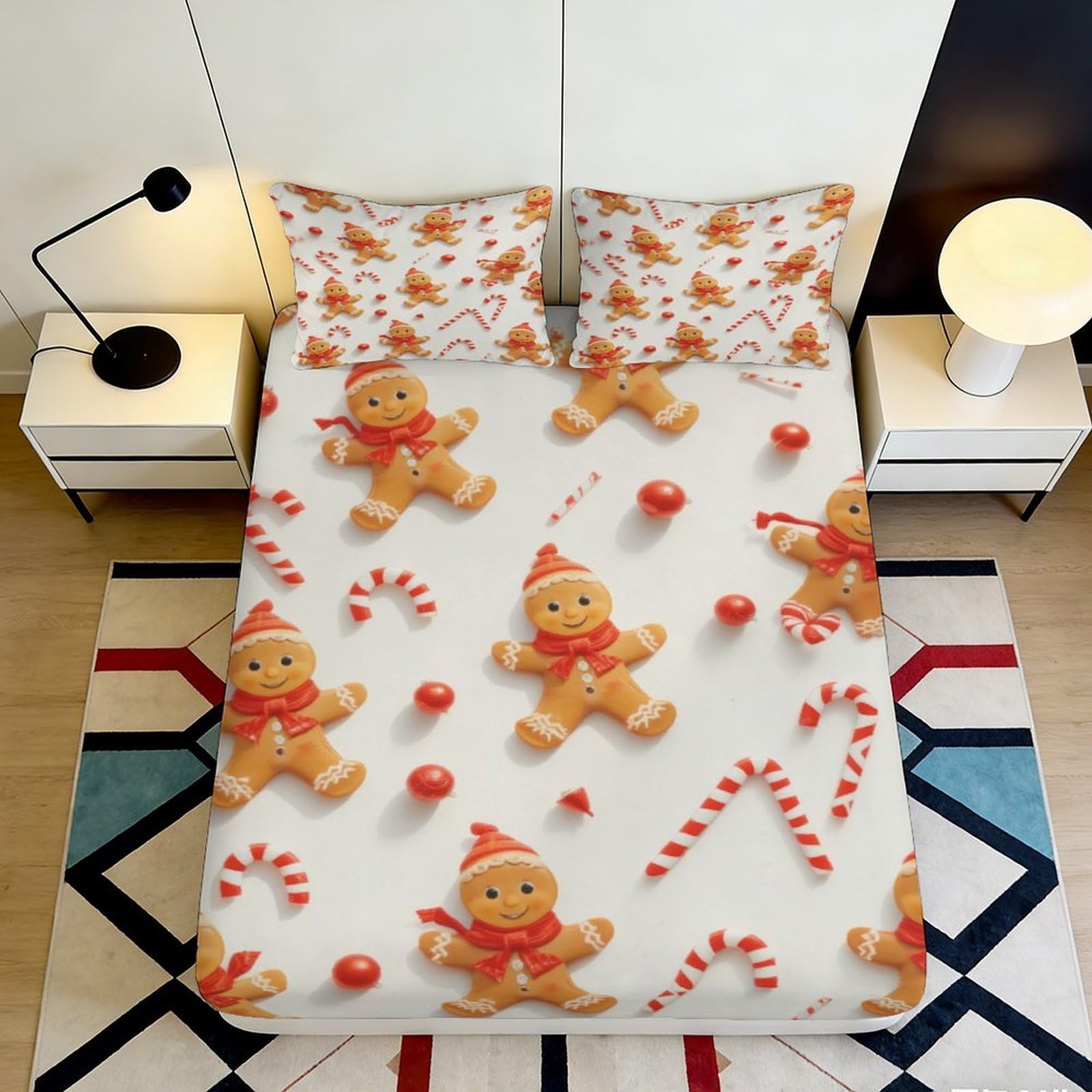 3D Printed Gingerbread Candy Cane Fitted Sheet Microfiber Slip-Resistant Bed Cover Christmas Pattern for Bedroom or Guestroom 90x200x25cm