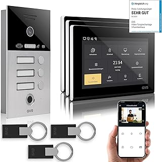 GVS - IP Video Türsprechanlage 3 Familienhaus mit Türöffner (RFID & Fingerprint), HD Kamera, 3X 7 Zoll Monitor & App - Smarte Video Türklingel mit Kamera & Gegensprechanlage (AVS5091U)