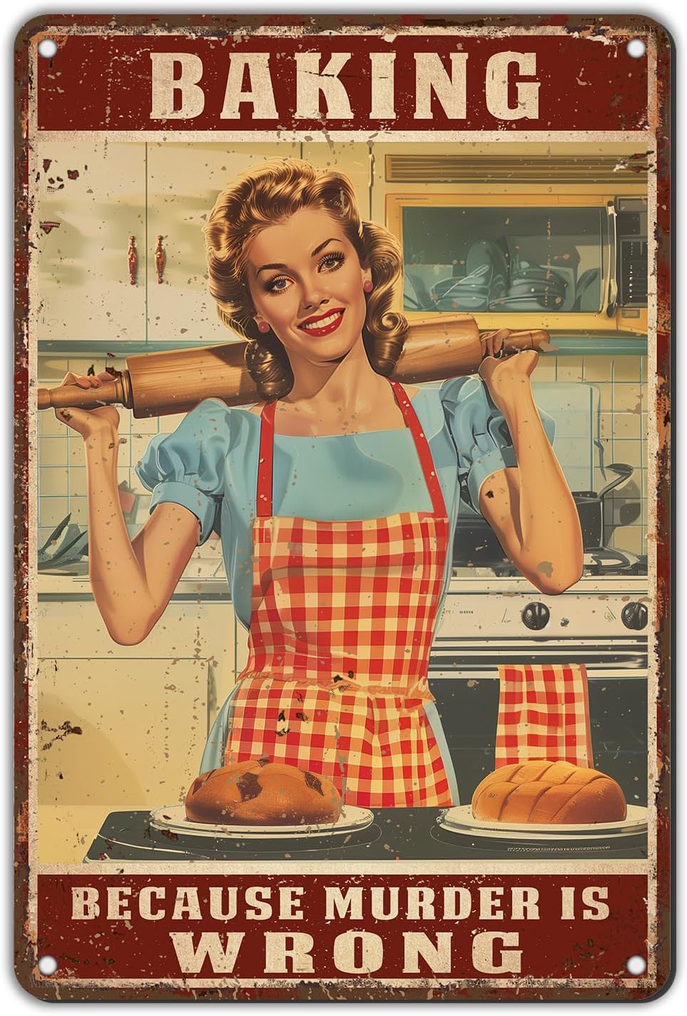 Retro Women Tin Sign Baking Because Murder is Wrong Funny Rustic Wall Decor Wall Art Vintage Print Metal Signs Poster Bar Pub Shop Home Office Indoor 12 * 8in