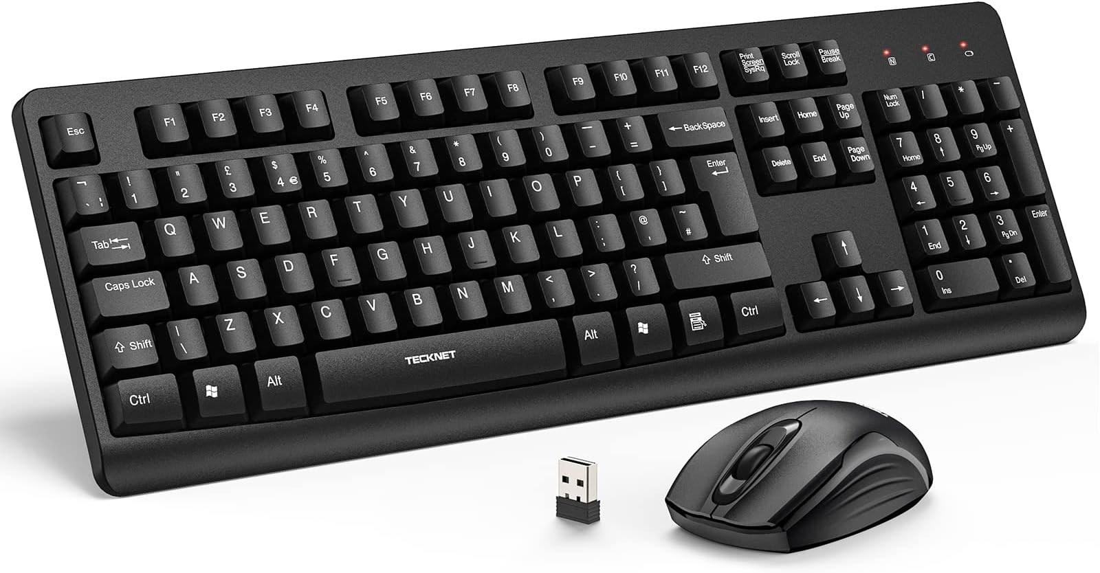 TECKNET Wireless Keyboard and Mouse Set, Ergonomic 2.4G Cordless Keyboard & Mouse Combo Silent, Full-Size, Spill-Resistant with Nano USB Receiver for PC, Laptop, Computer - QWERTY, UK Layout