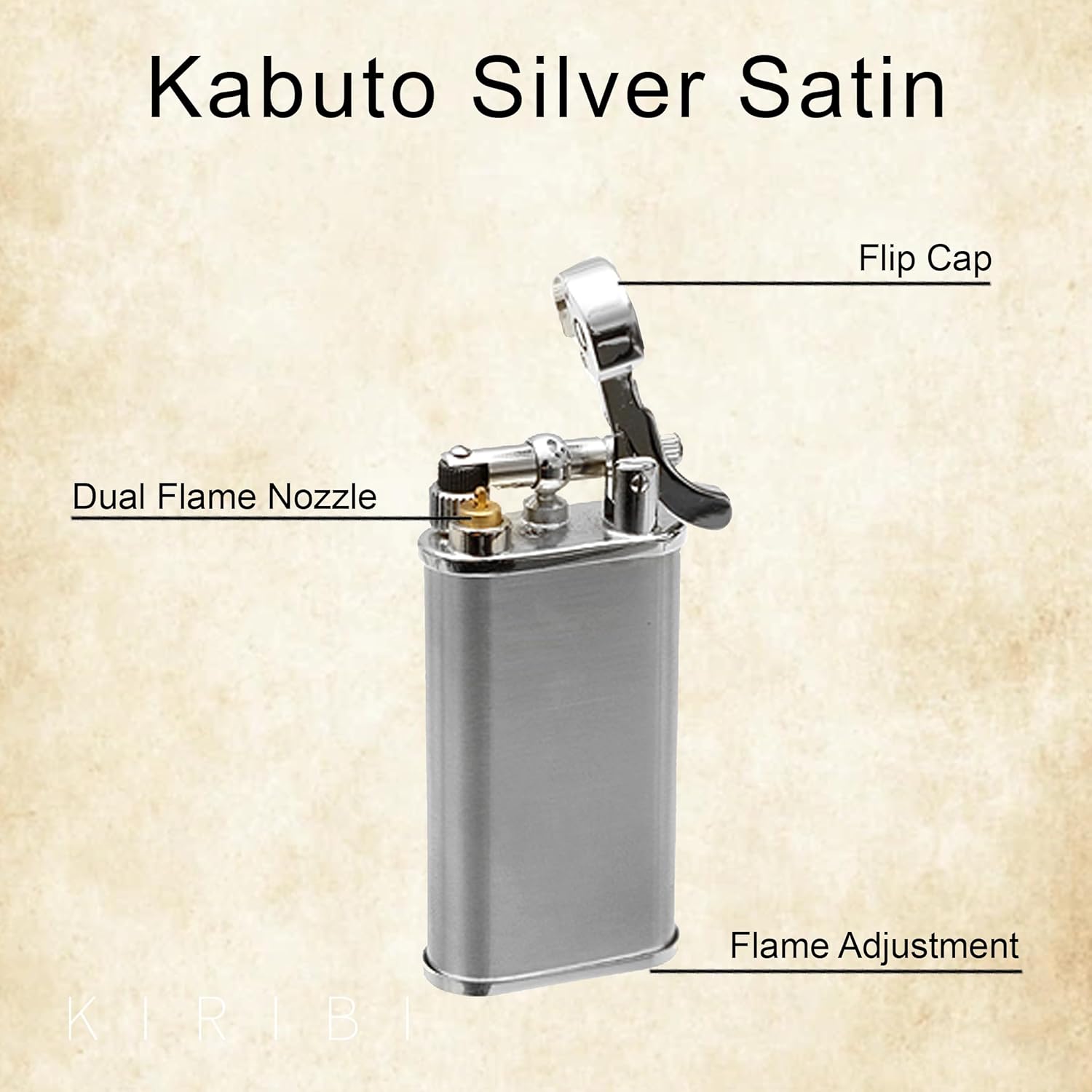 Kabuto Silver Satin & Flint Set - Japanese Soft Flame Lighter + 20 Replacement Flints, Refillable Butane Pipe Lighter, Adjustable Angled Flame Lighter, Airline Friendly Travel Lighter