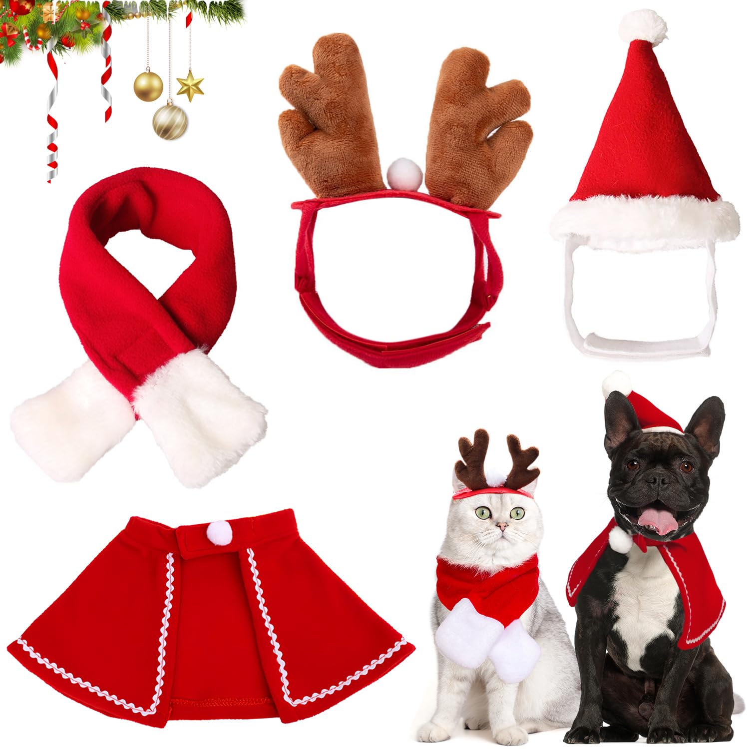 Gatto nero triste in costume di Babbo Natale. Abito di Natale e cappello di Babbo Natale su gatto nero Foto stock