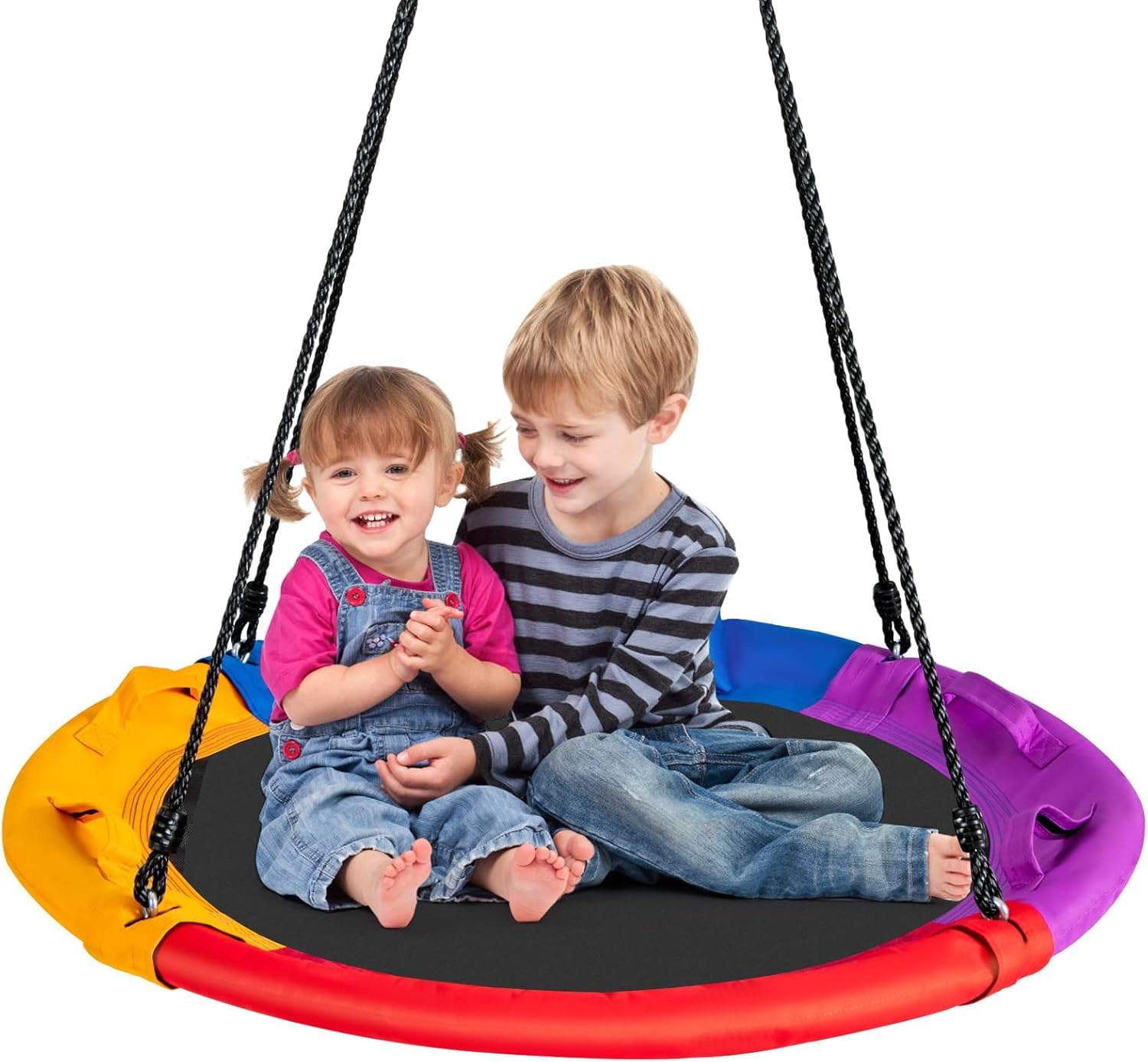 GOPLUS Columpio Jardín Exterior, Máxima Carga 150 KG, Tela Oxford y PP Seguro y Duradero al Aire Libre, Columpio Redondo Grande Diámetro 100cm, Cuerdas Ajustables, con Almohada, para Niños y Adultos