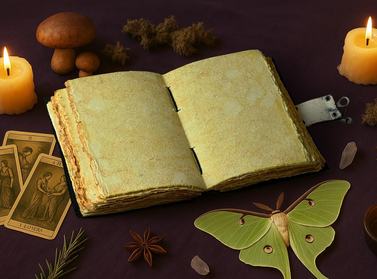 Urooj Handicraft Grimoire Vintage Mushroom leather journal, Handmade Antique Deckle Edge Paper Spell Book of Shadows Sketchbook Gifts