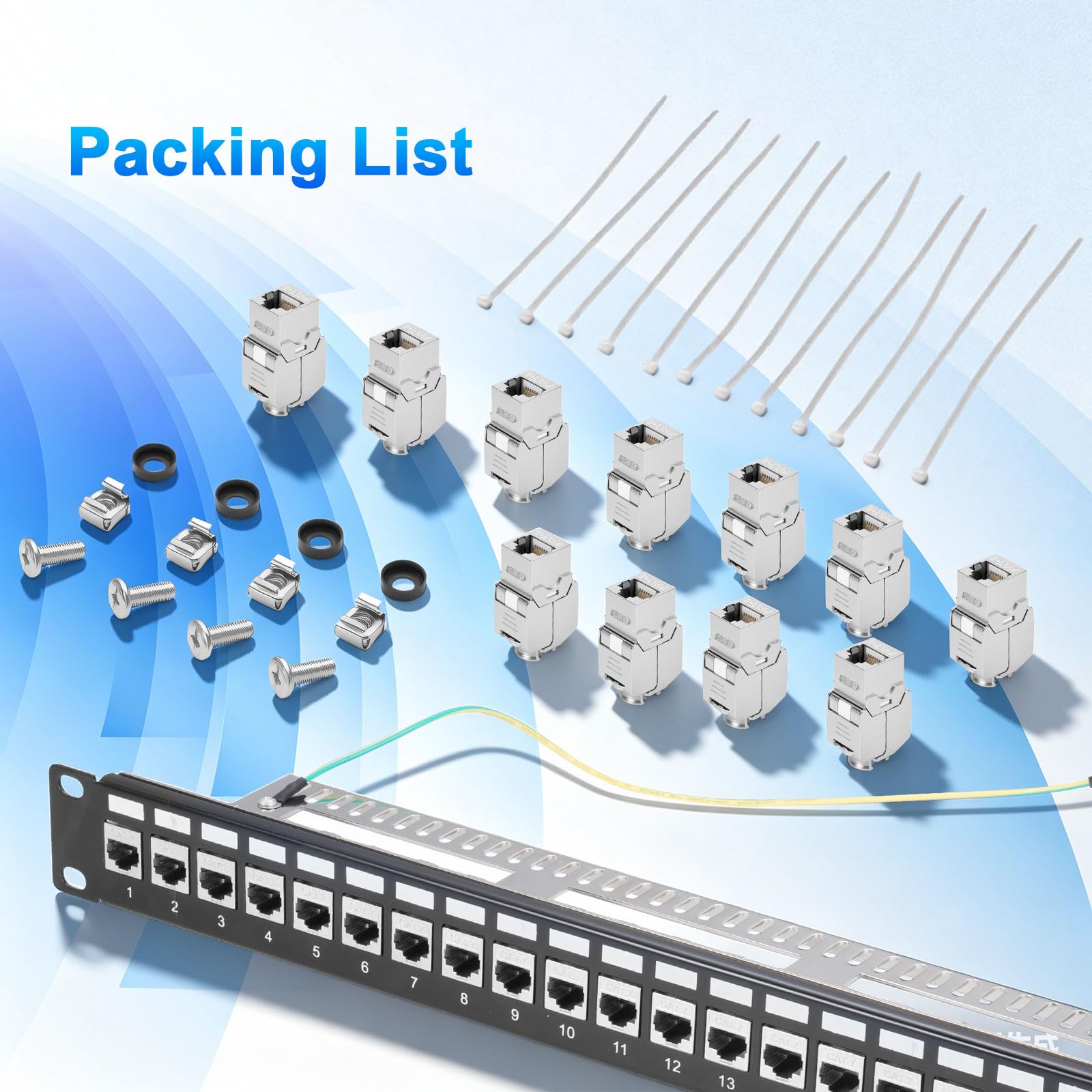 Panneau de brassage CAT7 Keystone 24 ports, 19" RJ45 LAN réseau panneau de répartition, module de panneau de brassage 10 Gbit/s compatible avec câble de pose CAT5 CAT6 CAT7