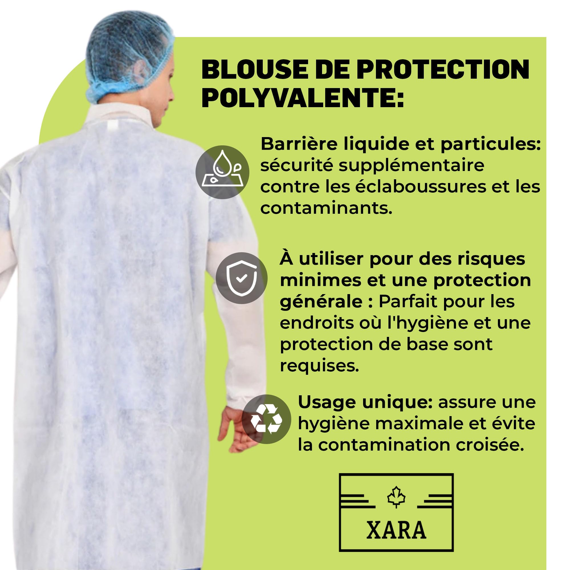 XARA Blouses Jetables Medical TNT avec Fermeture par Contact de 35 g - Lot 10 - Surblouse Jetable Respirant et Résistant - Protection et Hygiène - Taille Unique L - 105x127CM - Couleur Blanc