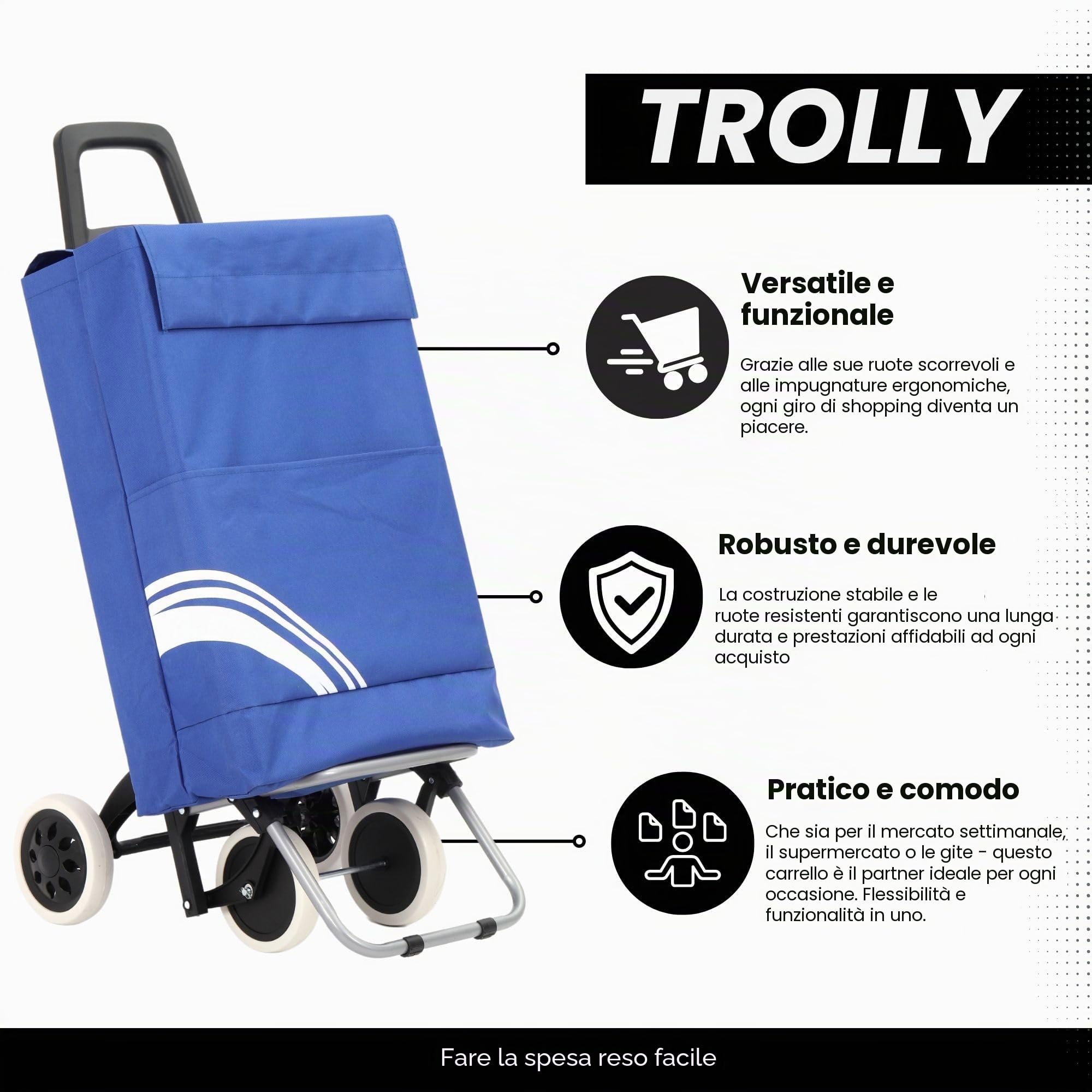 Trolley per la spesa pieghevole da 40 litri idrorepellente, Shopping Trolley, carrello della spesa pieghevole, borsa per la spesa con 4 ruote, cestino per la spesa con ruote (Blu/Bianco)