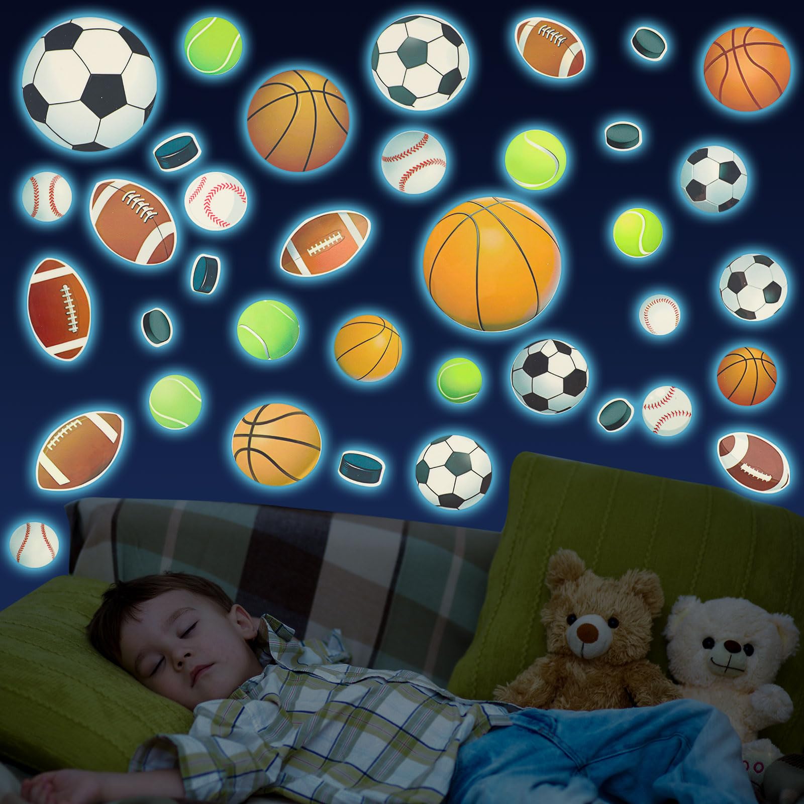3pcs Glow in The Dark Sports Stickers, Luminous Sports Ball Wall Decals Basketball Baseball Football Rugby Glowing Wall Decor for Boys Rooms Gymnasium