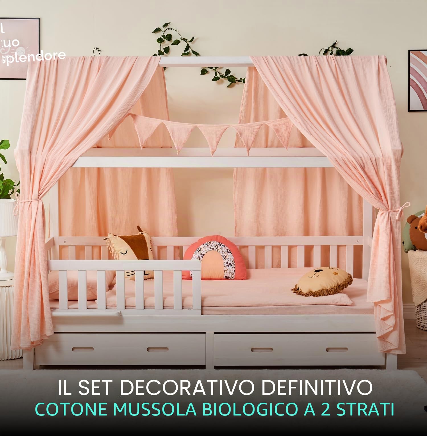 ALAVYA HOME® Set di 3 decorazioni per letto di casa, con 2 baldacchini, 1 bandierine, lunghezza 300 cm, per lettino, cameretta dei bambini, 100% mussola biologica, certificato GOTS, 125 x 350 cm, rosa
