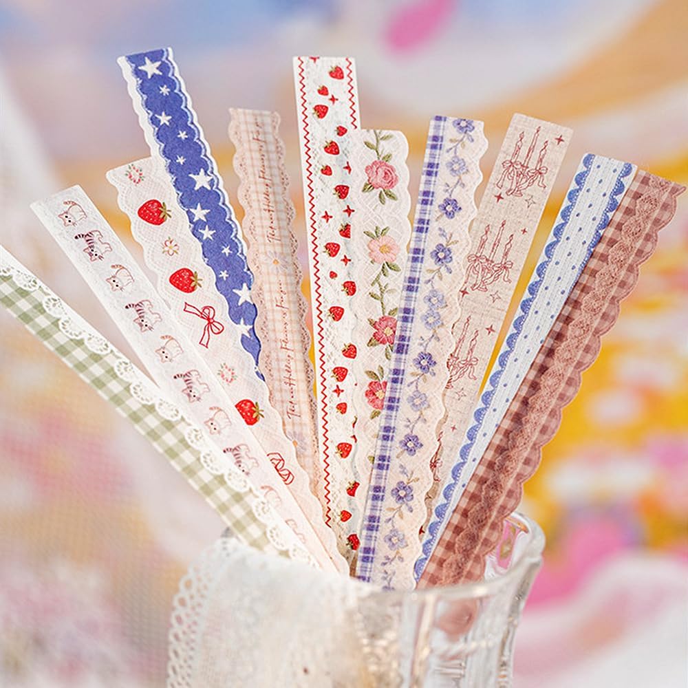 160Pcs Long Lace Border Stickers for Scrapbooking Junk Journal Supplies Long Strip Scrapbook Stickers with Bow Cat Star Strawberry Flower Sticker Vintage Lace Sticker for Planner Frame Decorative