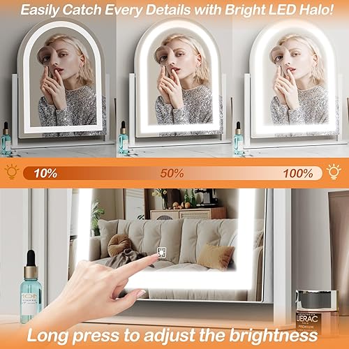 Lighted Makeup Mirror, Hollywood Vanity Mirror with Lights, Three Color Lighting Modes, and Detachable 10X Magnification Mirror, Smart Touch Control, 360°Rotation (15.2in. Curved)(Black,15.2"L x 13"W)