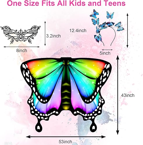 Miniatura 3 de RekTak Alas de mariposa para niñas, disfraz de mariposa para fiesta de Halloween, alas de hadas con máscara y diadema de antenas
