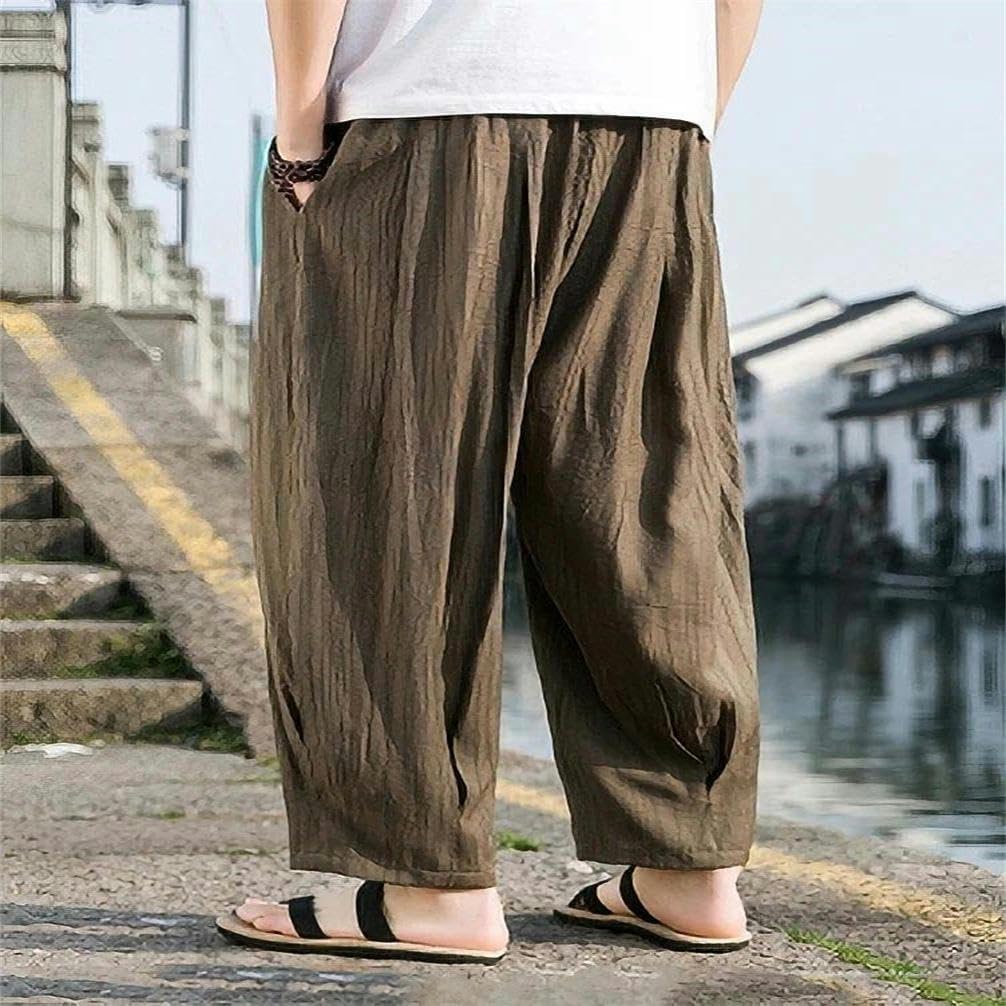Ice Silk Casual Linen Pants Men Wide-Leg Chinese Summer Wide-Leg Loose Sports Pants Men Outdoor Sports Harem Pants