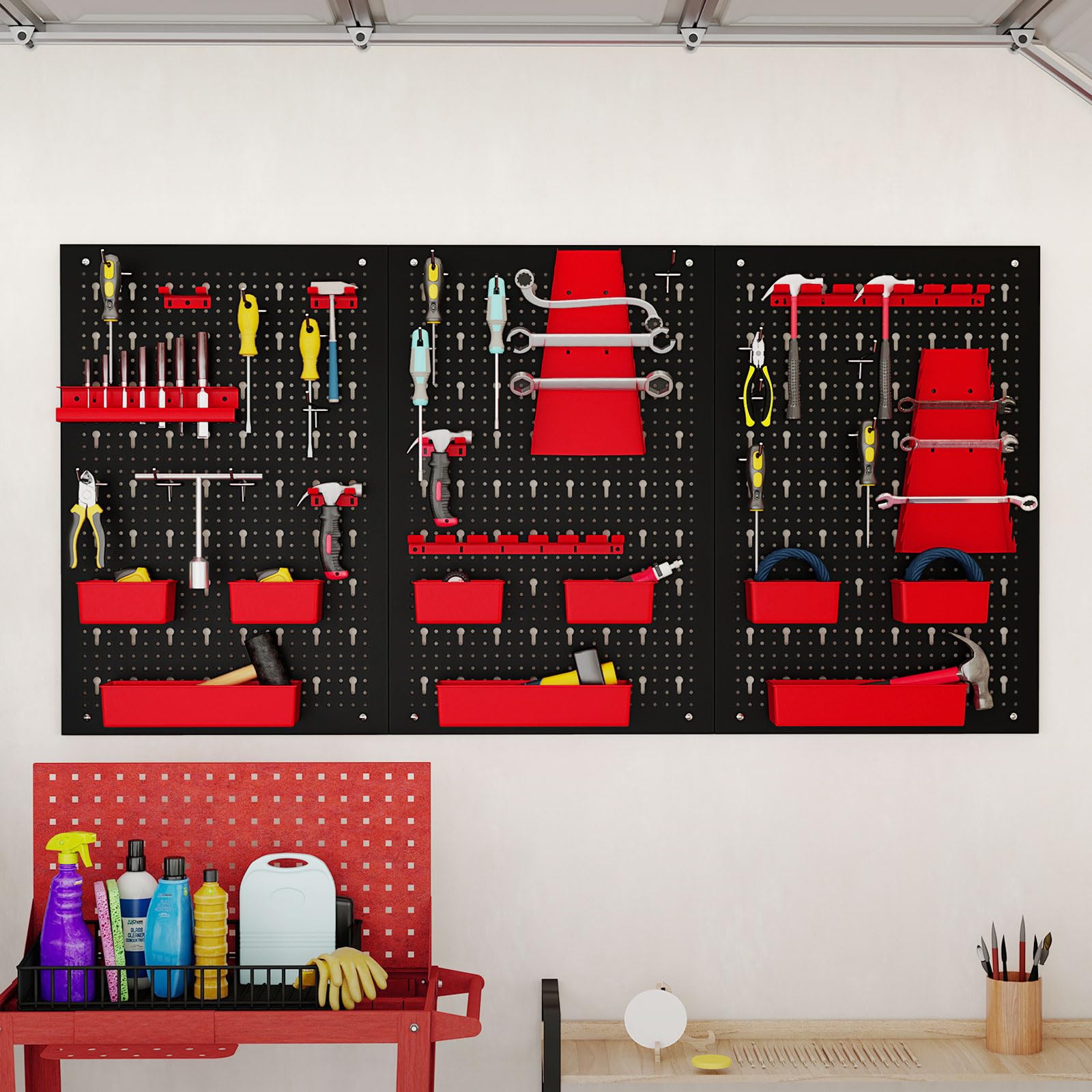 COSTWAY Organizador de Herramientas de Pared, Panel Perforado con 9 Contenedores PP, Soportes para Destornilladores y Brocas, 12 Ganchos, Almacén Resistente para Garaje, Taller (Negro y Rojo)