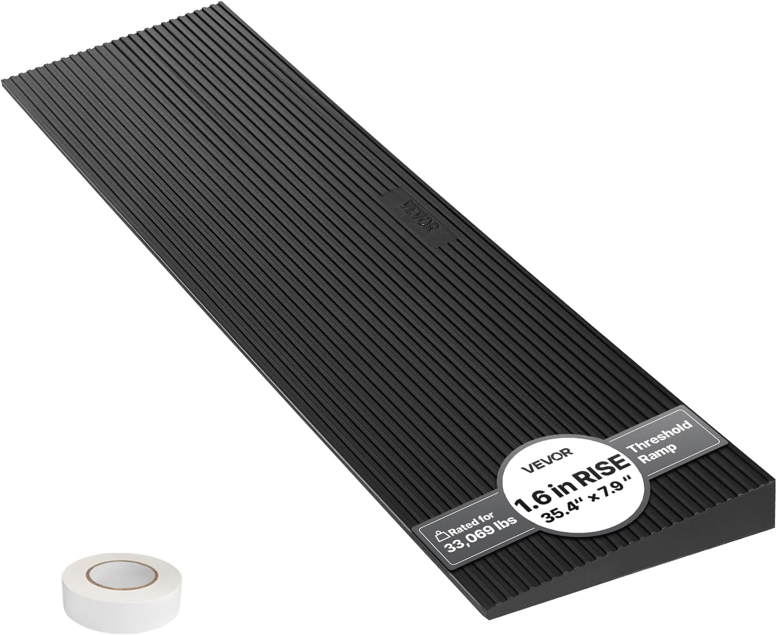VEVOR 1.6" Rise Cuttable Threshold Ramp for Sweeping Robot, 35.4" Wide Natural Rubber Wheelchair Ramp, Non-Slip Solid Rubber Ramp with Double-Sided Tape for Doorways, Driveways, Bathroom, Smooth Tile