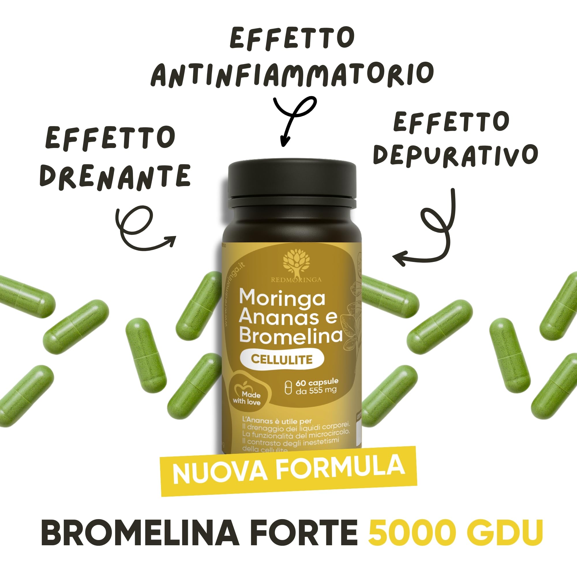 Bromelina Forte Drenante 5000 GDU - NUOVA FORMULA 100% Naturale Drenante Anticellulite | Bromelina Integratore Cellulite con Moringa Bio e Ananas | 60 Capsule Vegane Made in Italy | RedMoringa