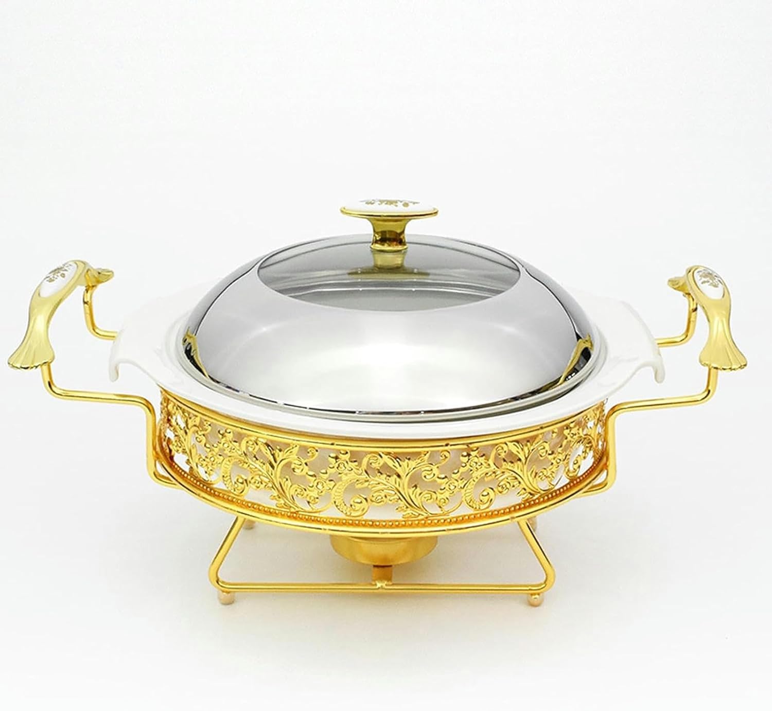 Round Buffet Game: Stainless Steel Buffet Shelf with Lid, Bowl and Glass Heater for Buffet Dinner, Buffet Pan, Catering Events, Parties, Weddings and Dinners (at 32 Cm)