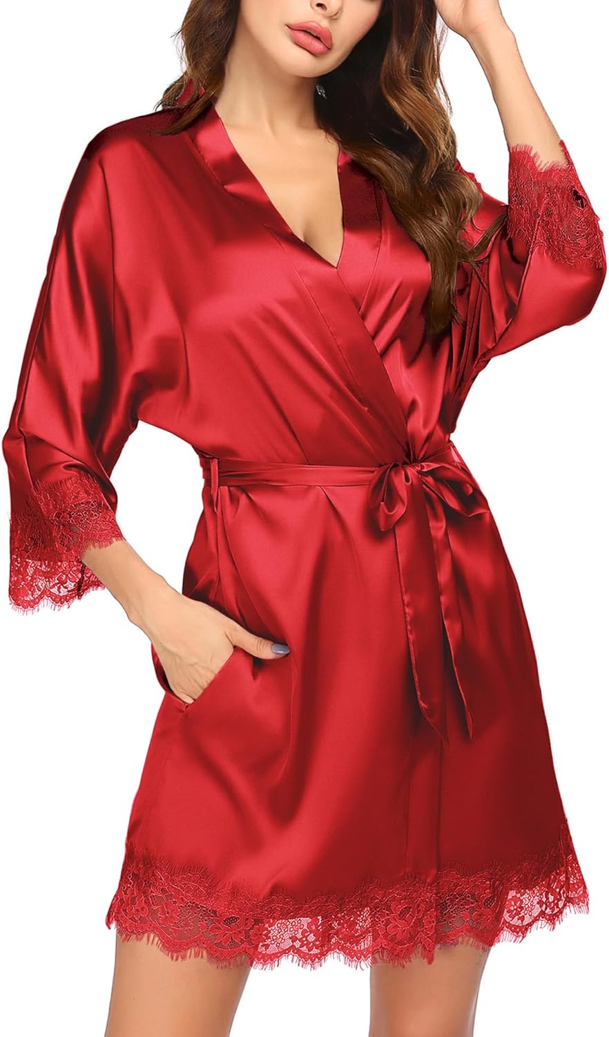 Ekouaer Womens Silk Robe Short Lace Trim Satin Robe 3/4 Sleeve Sexy Kimono Bride Bathrobe Comfy Sleepwear with Pockets