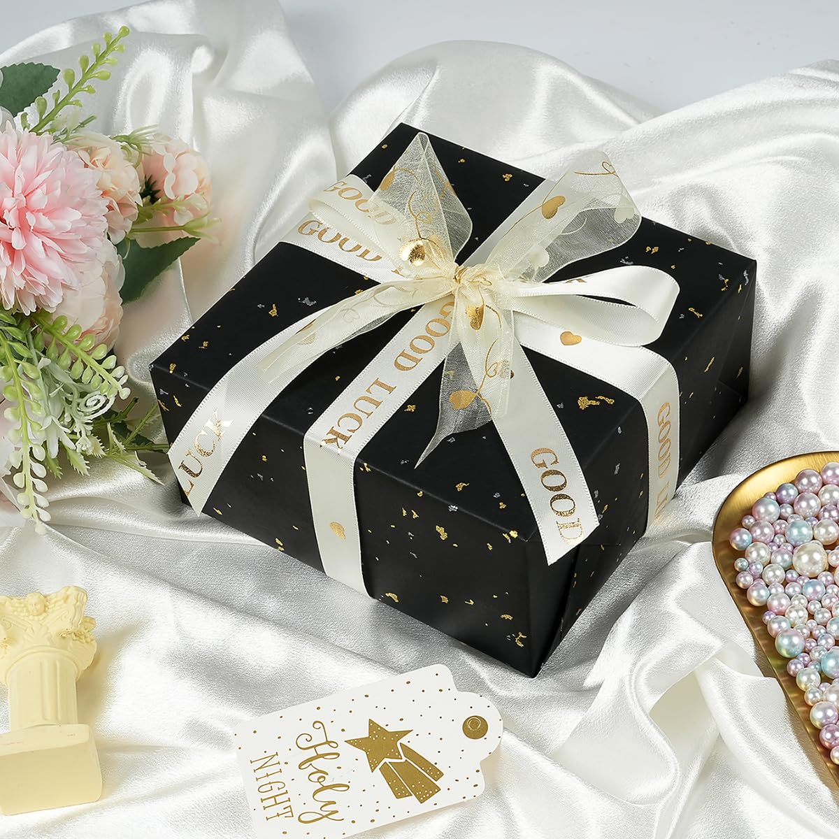 Schwarze Geschenkpapierrolle, 43,2 cm × 90 m, schwarzes und goldenes Folien-Geschenkpapier, mattes Kraftpapier mit Silber- und Goldfolienflocken, Geschenkpapier für Geburtstag, Hochzeit, Weihnachten,
