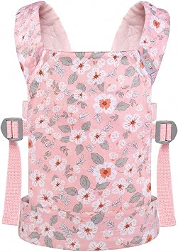 Doll Carrier for Toddler 100% Cotton Pretend Play Doll Carrier with Adjustable Straps 3 Carry Ways Stuffed Animal Baby Dolls Accessories Gift - White Pink Flower
