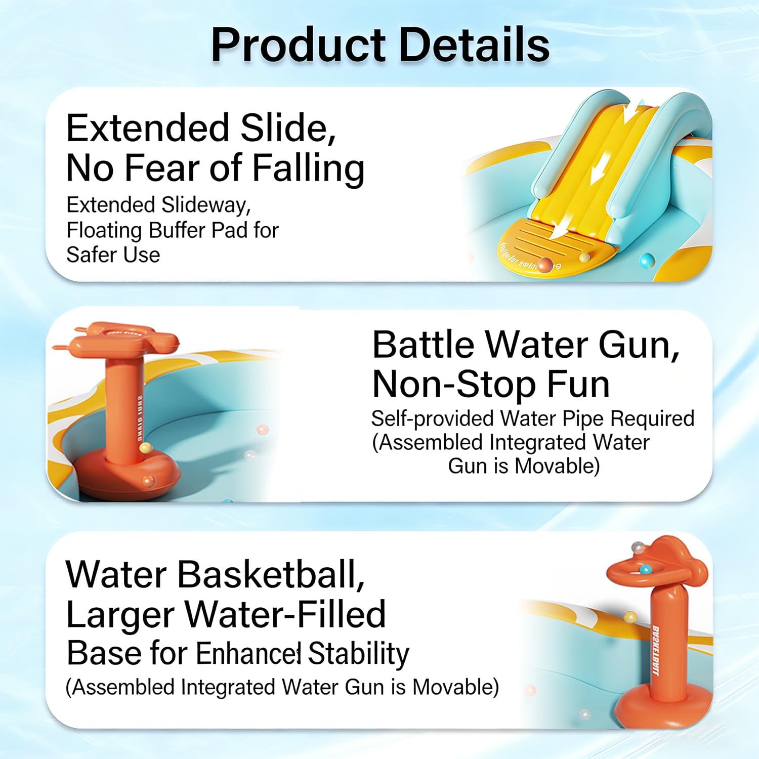 10FT Inflatable Pool for Kids Ages 2+ - Colorful Kids Pool with Slide, Water Gun & Basketball Hoop, with Canopy Outdoor Backyard Blow Up Pool for Summer Family Play