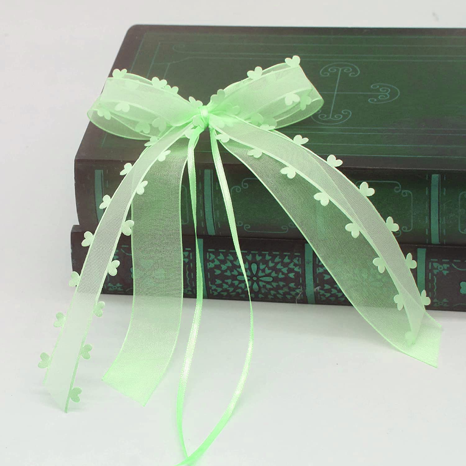 25 mm x 18 m Hearts Organza Ribbon Gift Ribbon Tulle Ribbon Decorative Ribbon for Car Wedding Decoration Table Decoration Room Decoration to Make Antenna Bows Car Decoration Green - Image 2