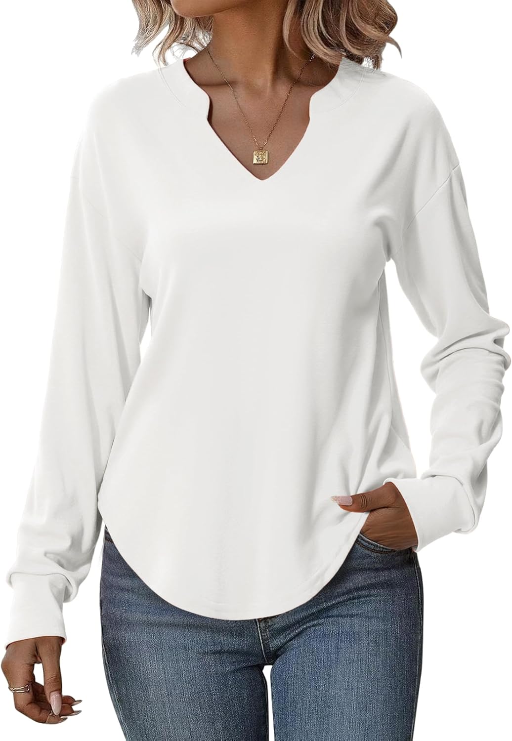 Totatuit Sweatshirts for Women V Neck Long Sleeve Shirts Loose Lightweight Curved Hem Casual Pullover Tops 2025 Fall White XX-Large