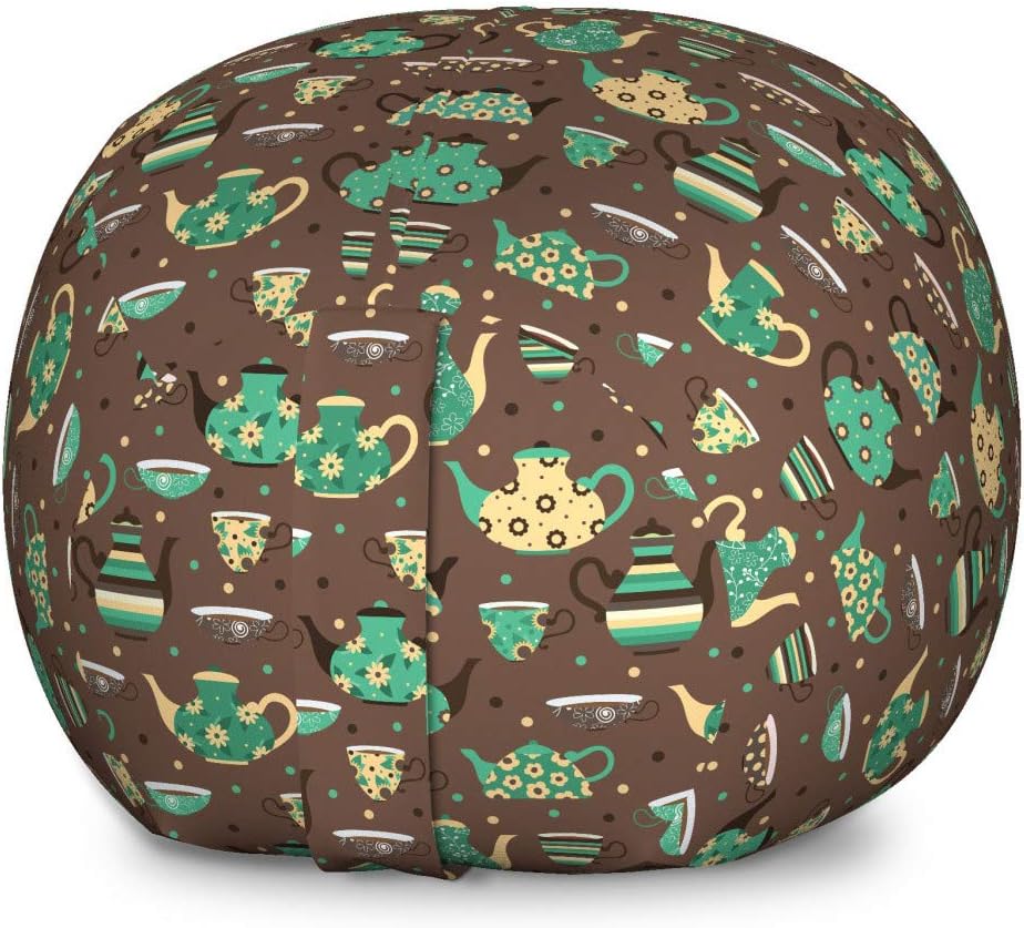 Ambesonne Tea Party Storage Toy Bag Chair, Cups and Pots with Different Floral Motifs on Dotted Brown Background, Stuffed Animal Organizer Washable Bag, Small Size, Sea Green Brown Beige