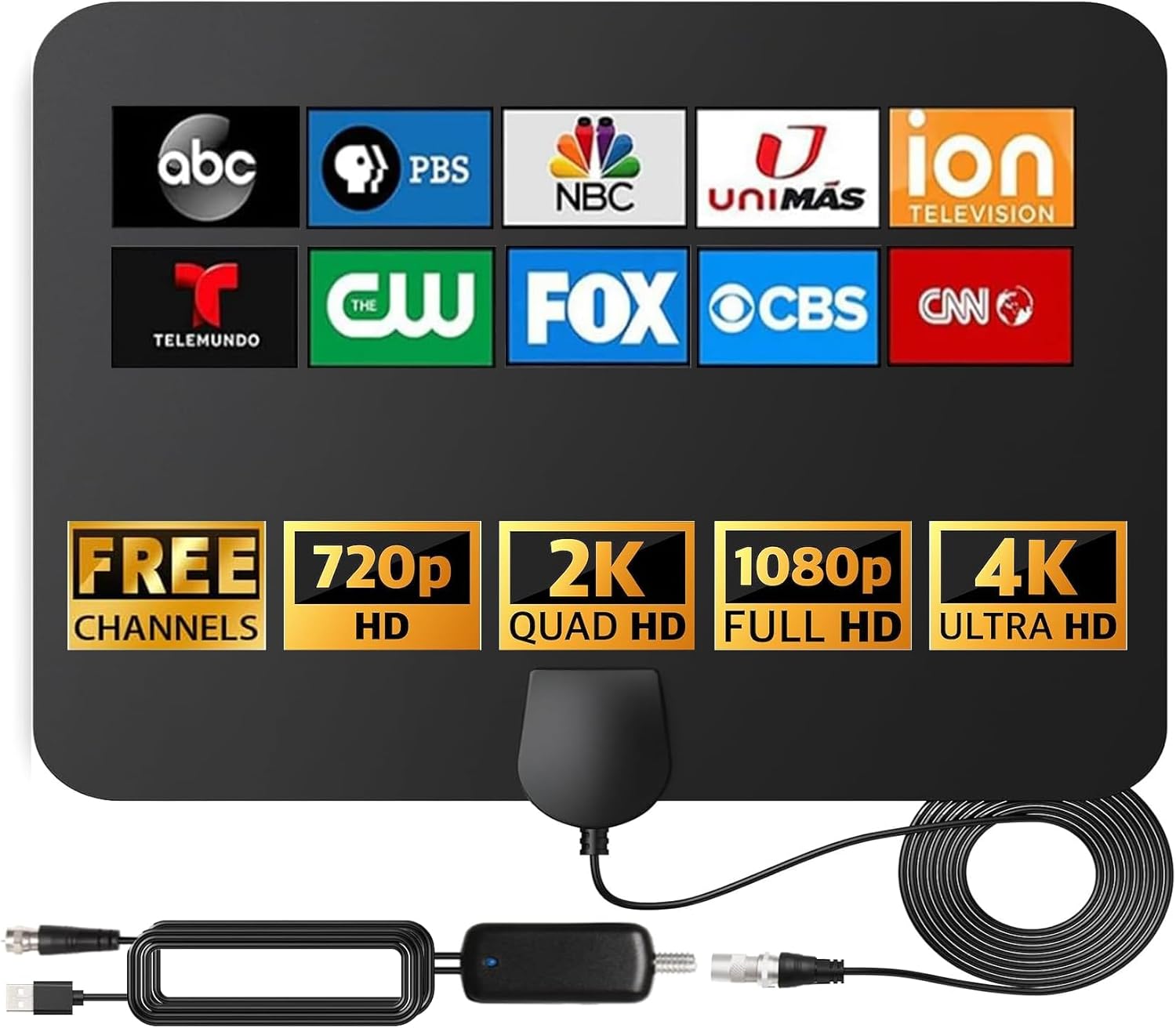 RUPA HDTV Digital Antenna Ultra-Thin Indoor Outdoor 150+ Mile Range 4K 1080P UHF VHF Amplifier 16ft Coax Cable Black