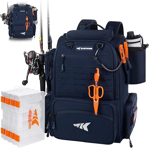 Miniatura 11 de KastKing Bait Boss Mochila de aparejos de pesca con soportes para caña, 4 cajas de aparejos, cubierta para lluvia, almacenamiento grande de 43 L