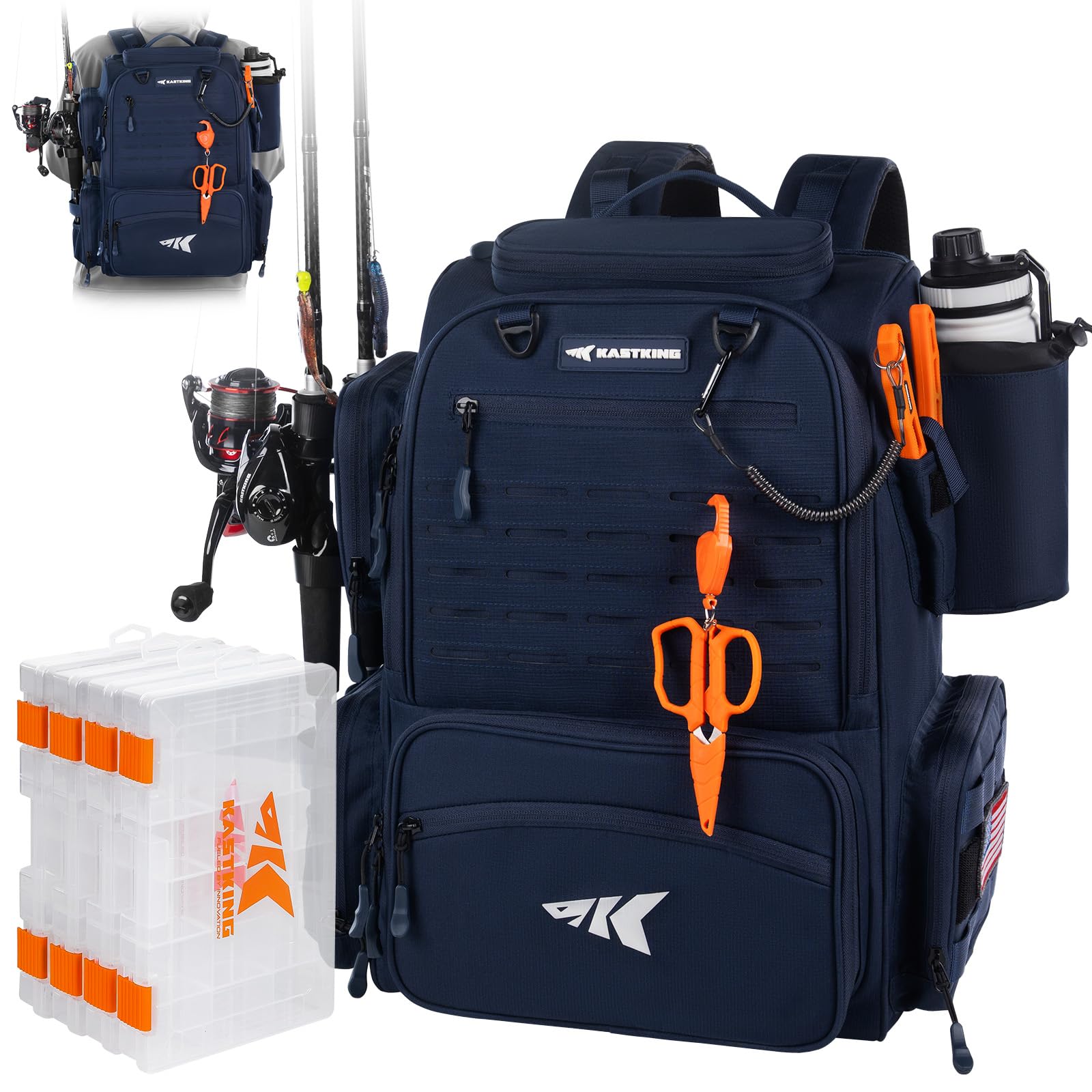 KastKing Bait Boss - Mochila de aparejos de pesca con soportes para caña, 4 cajas de aparejos, cubierta para lluvia, 45/43 L de almacenamiento grande para equipo de pesca