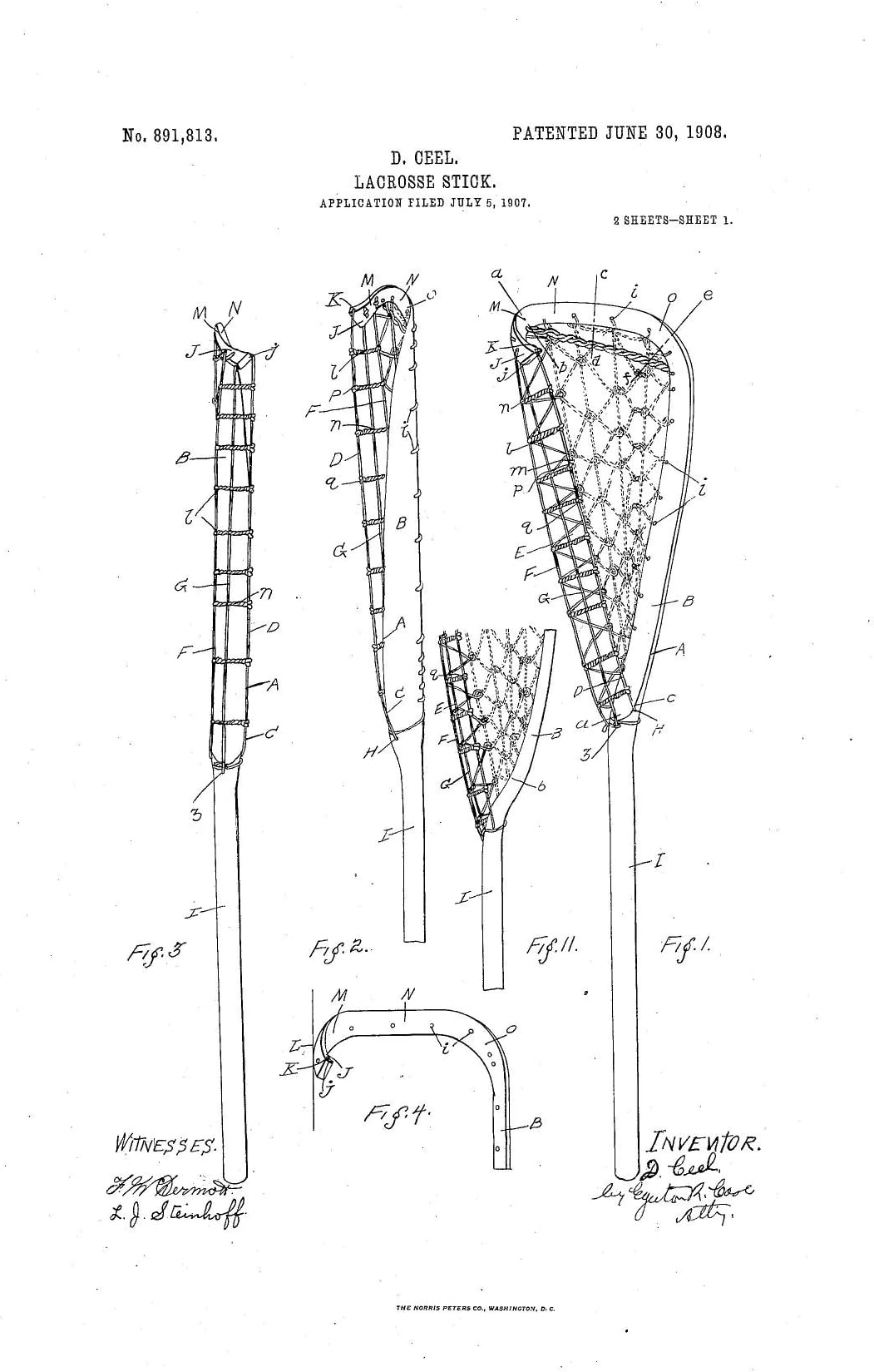 1908 Ceel 891813 Lacrosse Stick Patent
