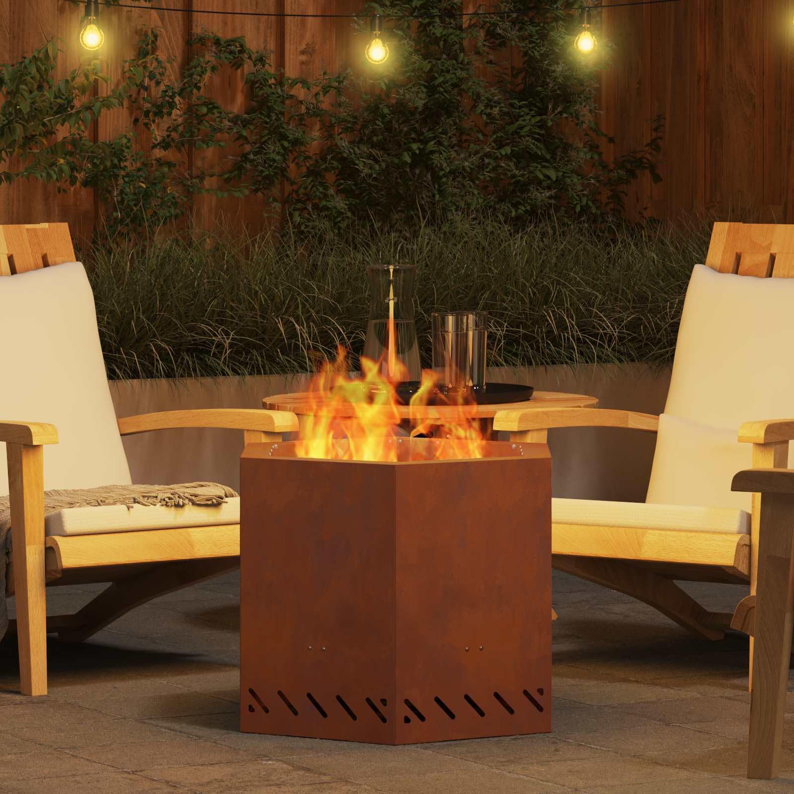 Brasero de acero resistente a la intemperie marrón 58 x 58 x 51 cm, hoguera moderna para jardín, terraza, exterior con suministro de aire eficiente y llama limpia