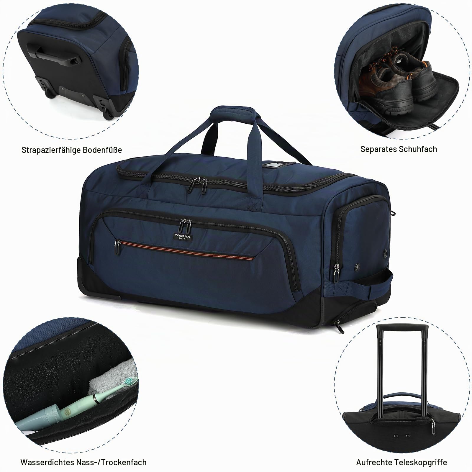 Reisetasche mit Rollen Groß Trolley Reisetaschen mit Schuhfach und Nassfach für Herren Damen Weichgepäck Rolltasche mit Teleskopgriff für Camping Urlaub Sport, 74 cm, 85 Liter Blau