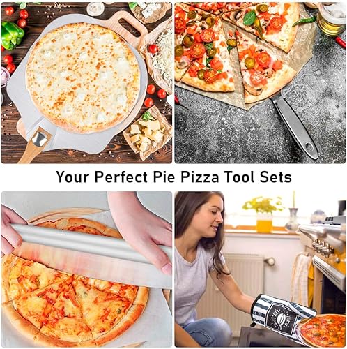 Miniatura 7 de Juego de sartenes para pizza con cáscara, 7 accesorios para horno de pizza, paleta de metal de 12 pulgadas (12 x 14 pulgadas) con mango de madera