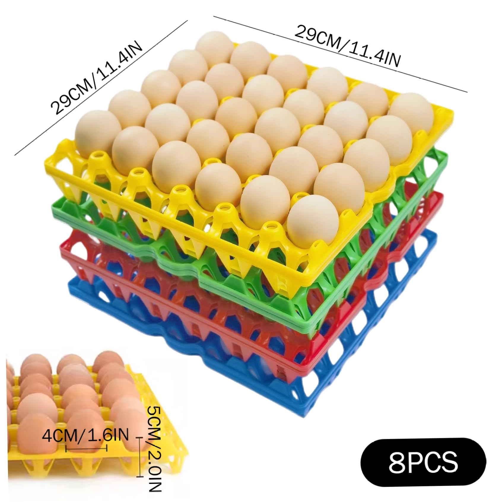 Bandeja para huevos, paquete de 8 cajas para huevos, 30 bandejas para transporte seguro, cajas de reutilizables y apilables a granel (rojo, amarillo, azul, verde)