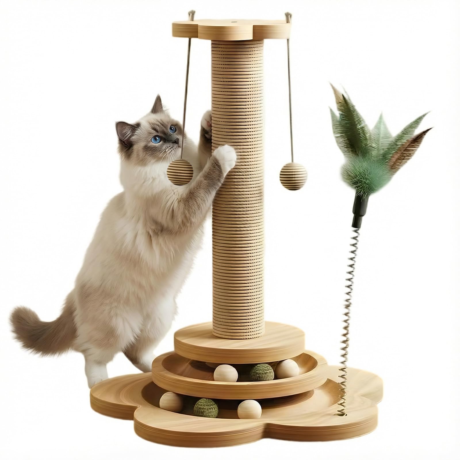 Cat Scratching Post for Indoor Cats, 4-in-1 Multifunctional Kitten Scratcher Post with Sisal Rope, Interactive Track Ball & Feather Toys, Sturdy Wooden Base, 28 * 46cm Cat Scratching Pole