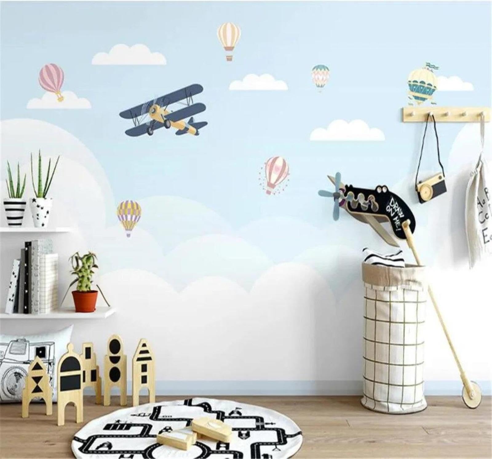 Tzxztt Hand Drawn Cartoon Aeroplane Hot Air Balloon Sky Modern 3D Wallpaper Premium Textured Silk Neutral Tones Material Ideal for Living Room Bedroom-300cm×210cm
