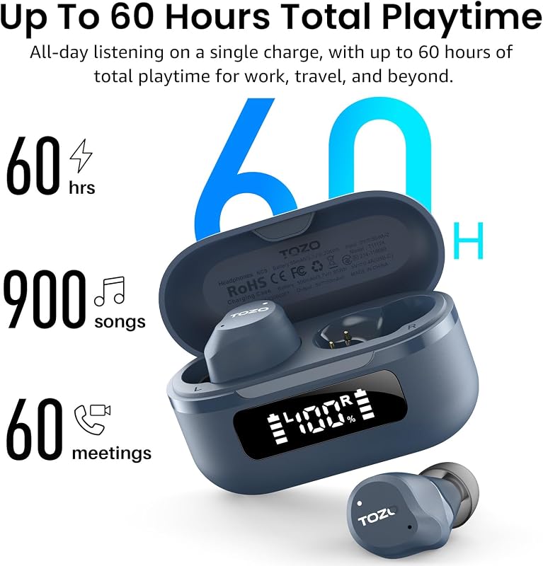 TOZO NC9 Hybrid Active Noise Cancelling Wireless Earbuds, 60H, LED Display image 4