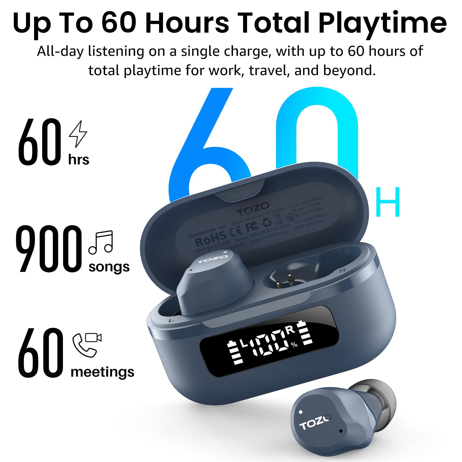 TOZO Hybrydowe bezprzewodowe słuchawki douszne z aktywną redukcją szumów, 6 mikrofonów ENC Clear Call, wodoodporność IPX8, słuchawki douszne Bluetooth 5.3, stereo, bas, 59 odtwarzania, z wyświetlaczem