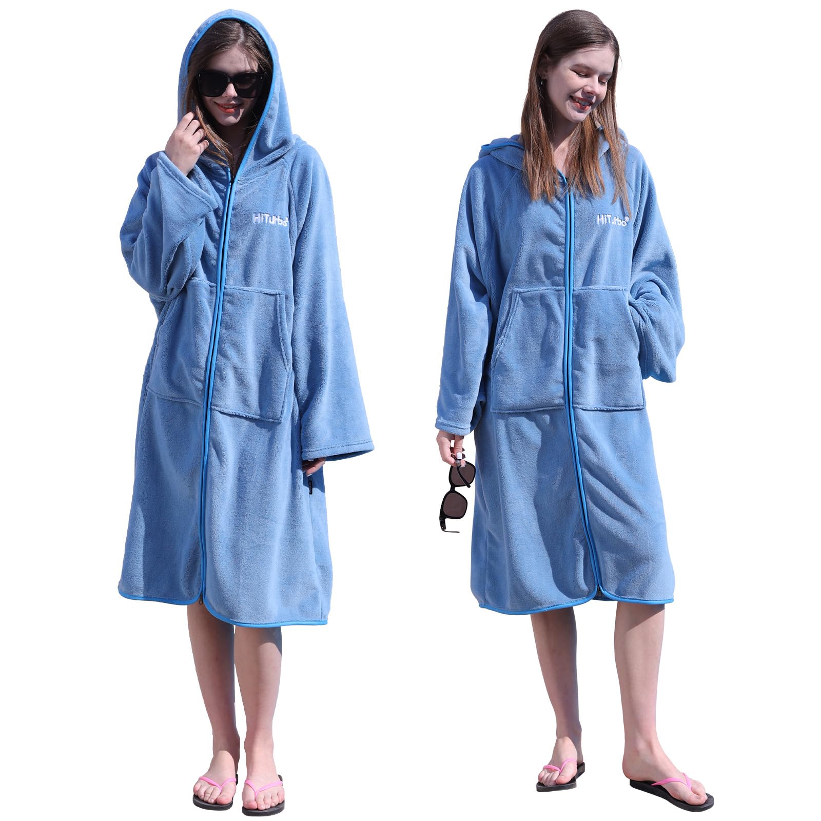 Hiturbo Poncho de surf à capuche avec fermeture éclair : combinaison de plongée surdimensionnée à capuche avec poche – Couverture de bain en polaire corail pour la plage, la piscine, le bain