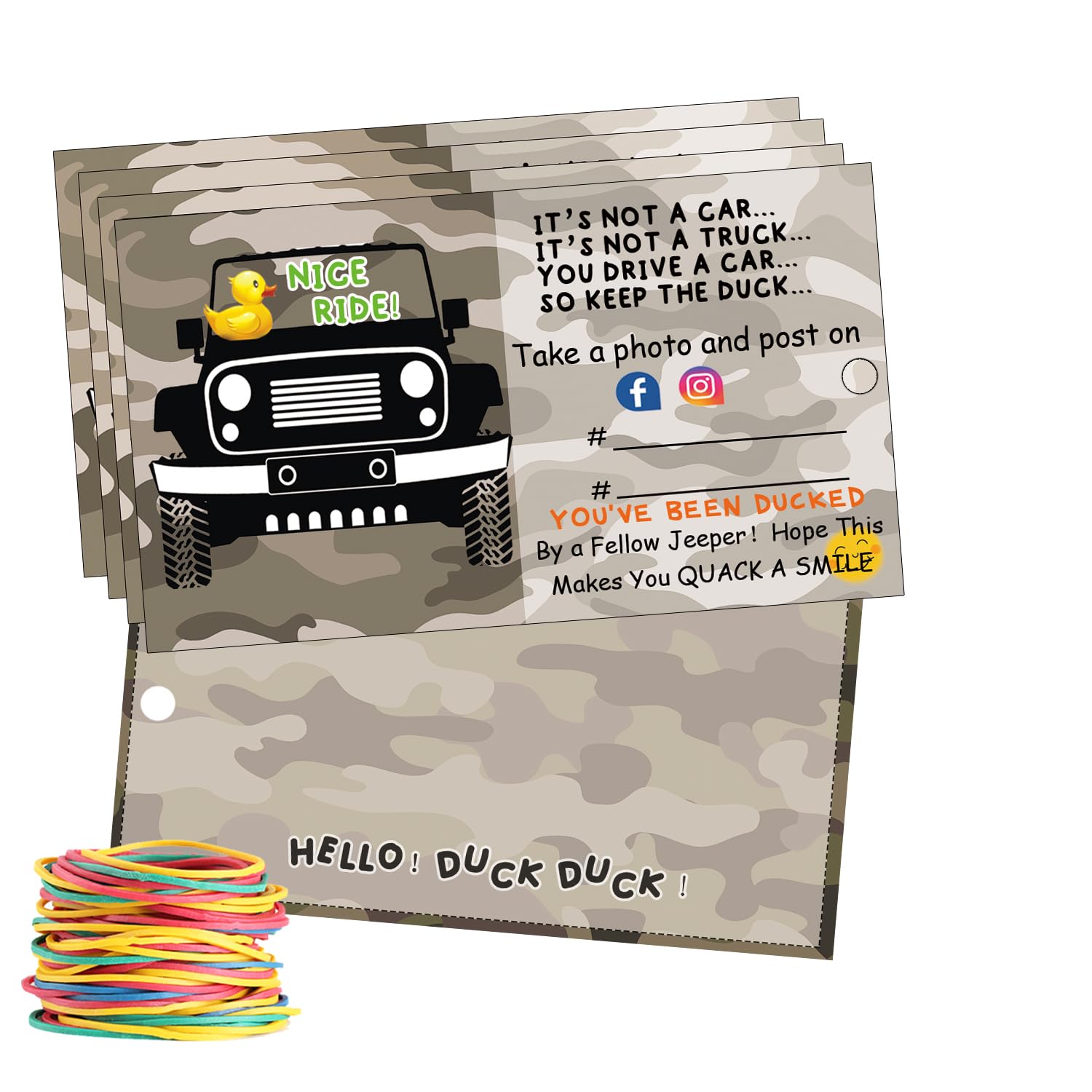 You've Been Ducked Card, Duck Ducking Game Cards, Ducked Tags, Camouflage design, 50 Pack, 3.5 x 2" Business Cards Size With Round Hole and Rubber