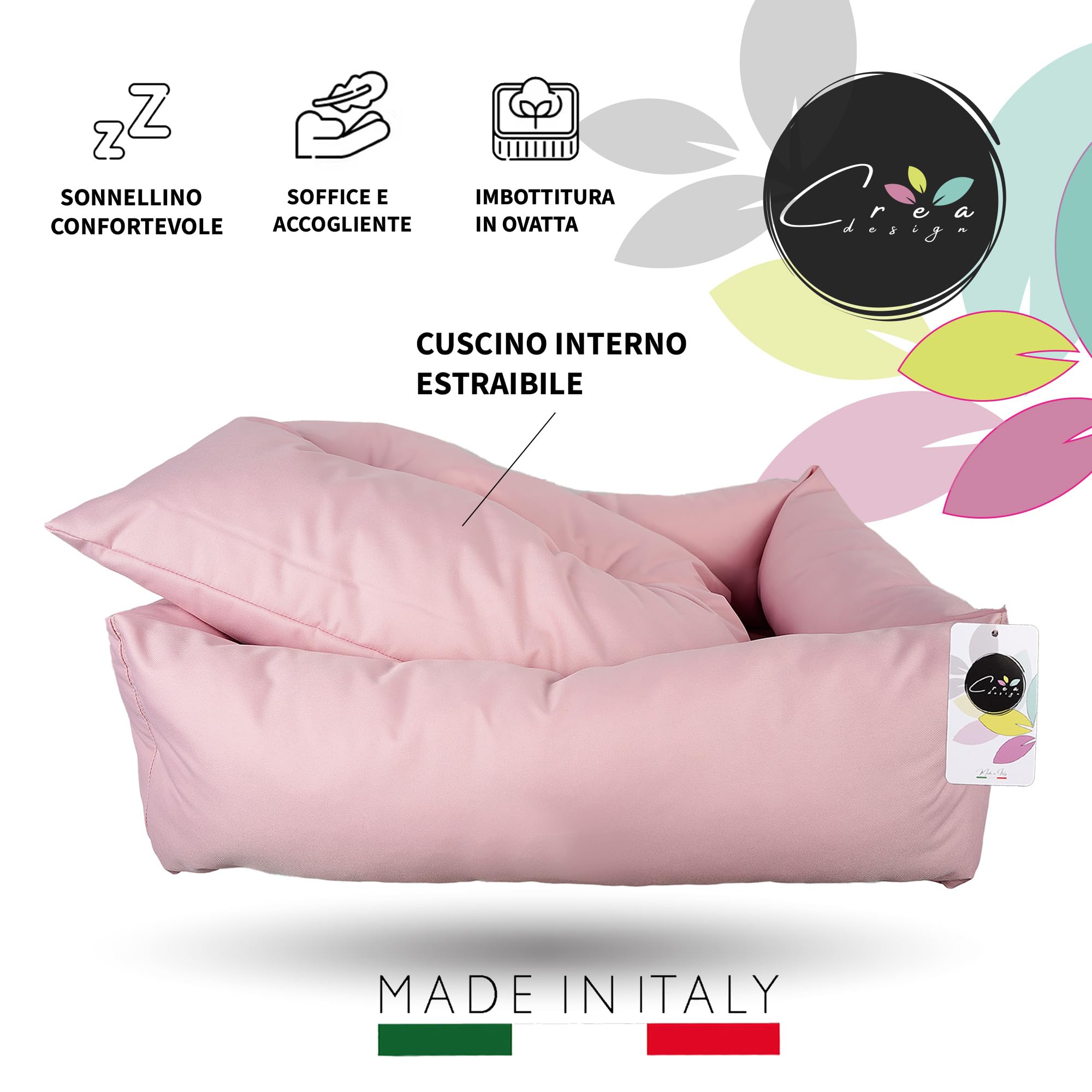 Crea Bed - Cuccia lettino per cani idrorepellente resistente ai graffi, realizzata a mano in Italia. Cuscino per Cane tessuto robusto per l'uso interno ed esterno.S/M | 70 x 55 cm, ROSA