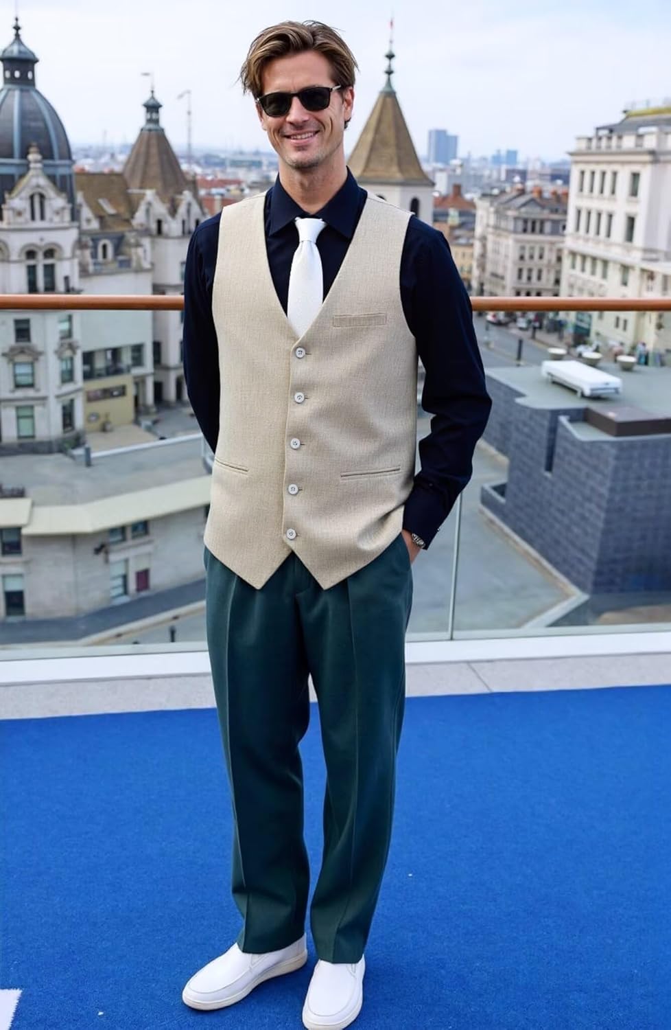 Bofan Linen Mens Suit Vest Beach Wedding Waistcoat Summer Casual Men Groomsmen Dress Vest