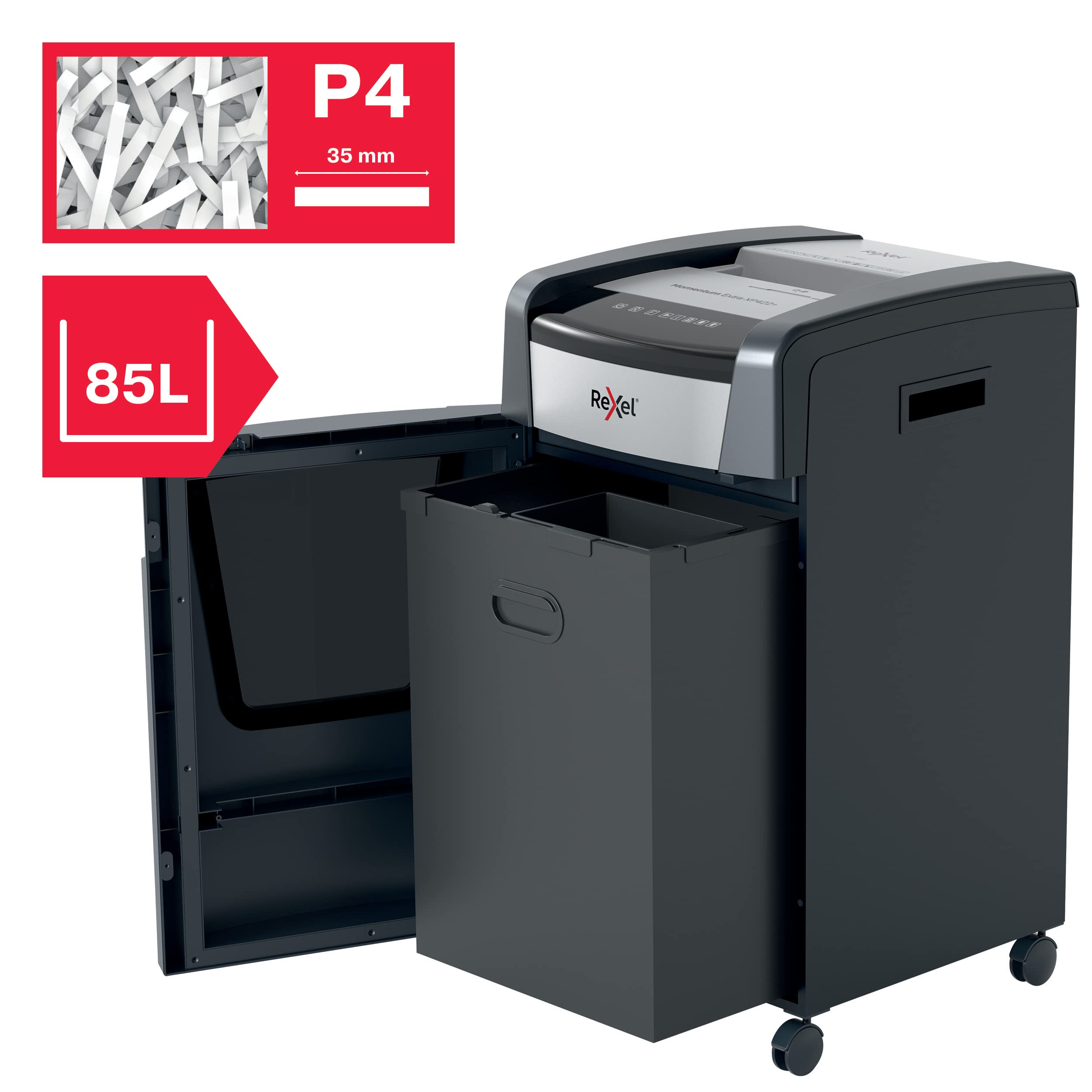 Rexel, Niszczarka do Papieru Rexel Momentum Extra XP422+, do Biura, Tnie na Konfetti do 22 kartek (80 gsm), Poziom Bezpieczeństwa P-4, Pojemnik na Ścinki: 85L, Technologia Zapobiegania Zacięciom