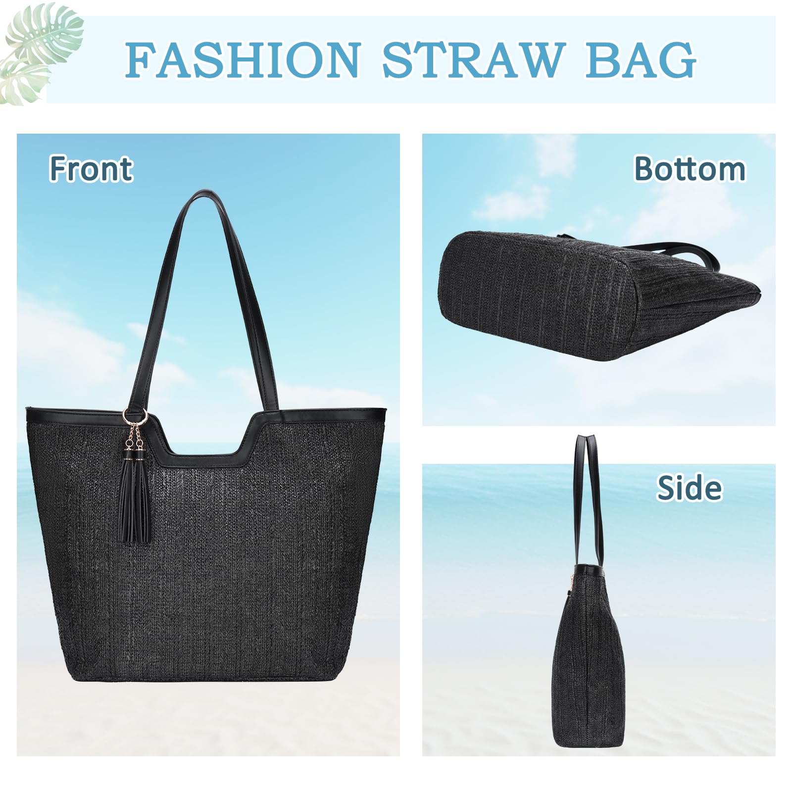 VASCHY Sac Cabas Femme Plage Paille, Grand Sac à Main Fourre Tout d'Été Tissé Boho Recyclable Léger avec Fermeture Éclair pour Voyage Vacances