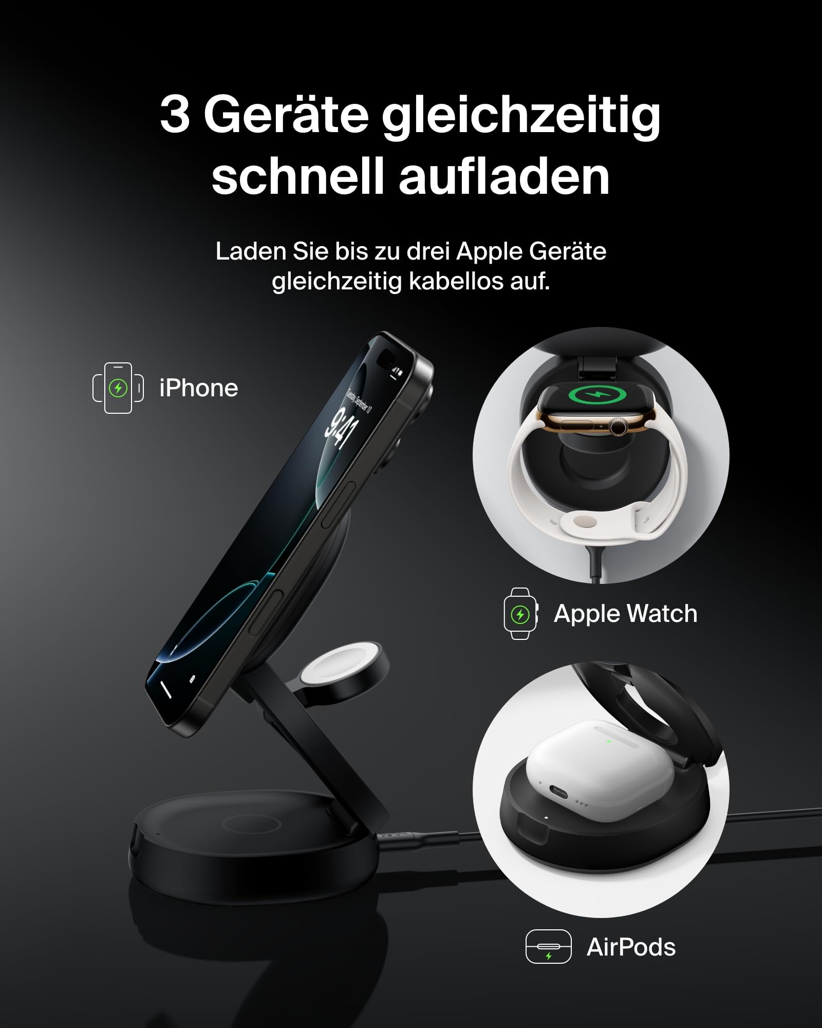 Belkin BoostCharge 3-in-1 Induktive Ladestation mit Qi2, 15W, MagSafe-kompatibles Ladegerät, Kabe... Ansicht 2